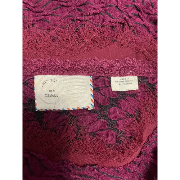 Anthropologie Postmark Blouse Fringe Detail Boho Chic 3/4 Sleeves Burgundy W XS - Picture 7 of 8